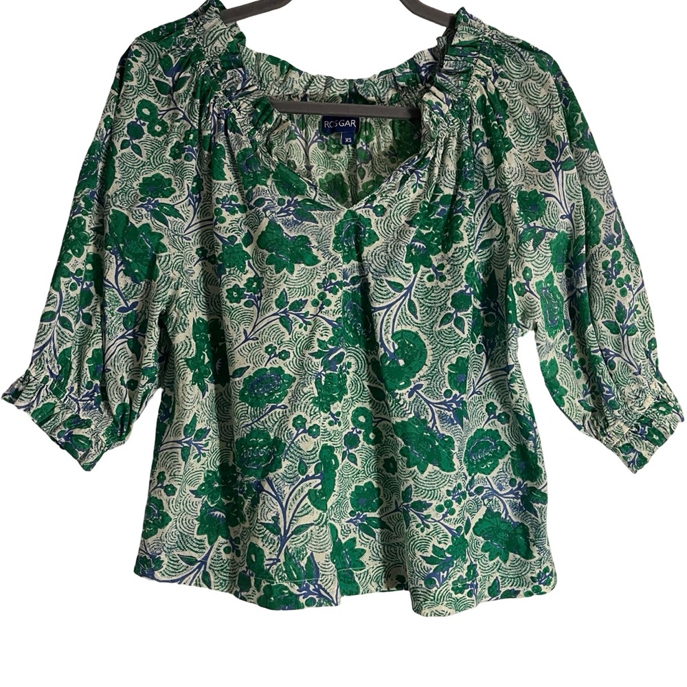 Ro’s Garden Tuckernuck Green Blue Floral Blouse 3/4 Sleeve GUC read description